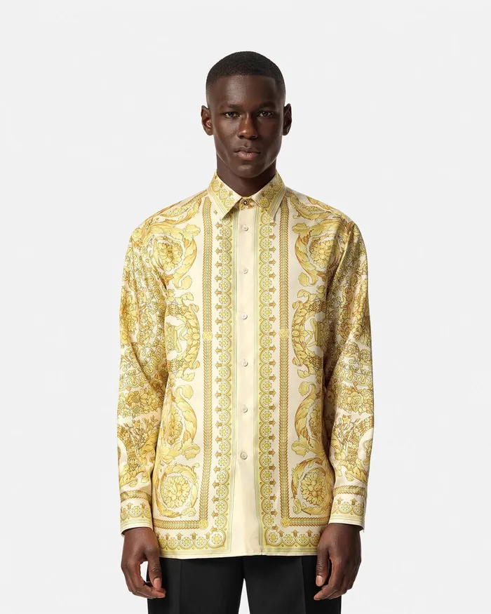 Versace Barocco Silk Shirt Yellowprint Men Shirts