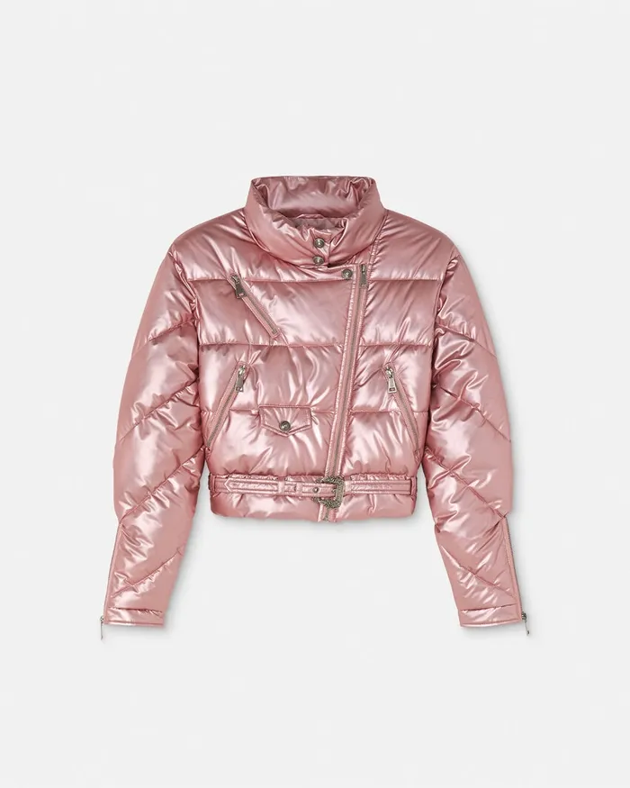 Versace Baroque Buckle Metallic Puffer Jacket Pink Women Jeans Couture