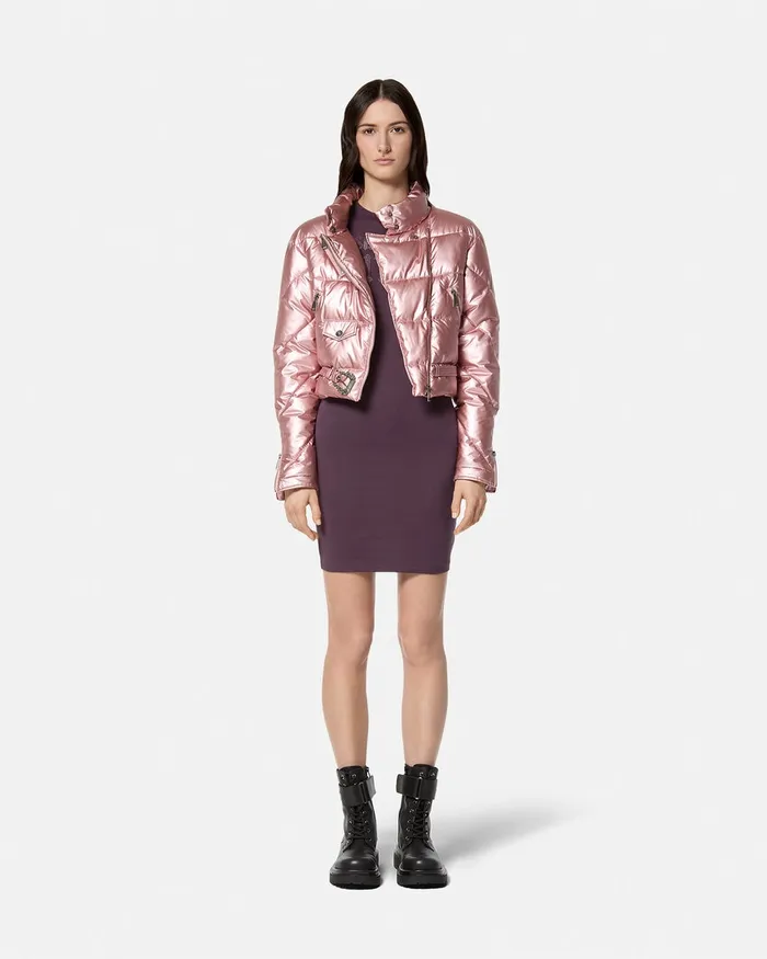 Versace Baroque Buckle Metallic Puffer Jacket Pink Women Jeans Couture