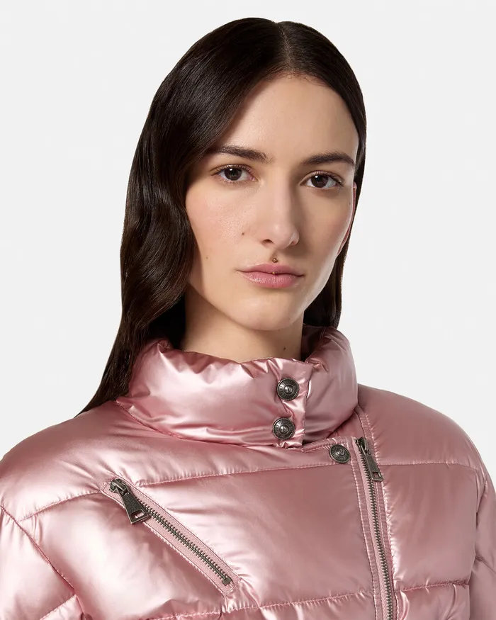 Versace Baroque Buckle Metallic Puffer Jacket Pink Women Jeans Couture
