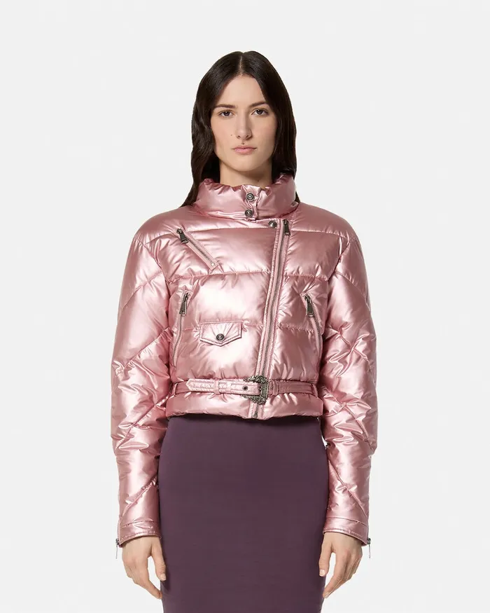 Versace Baroque Buckle Metallic Puffer Jacket Pink Women Jeans Couture