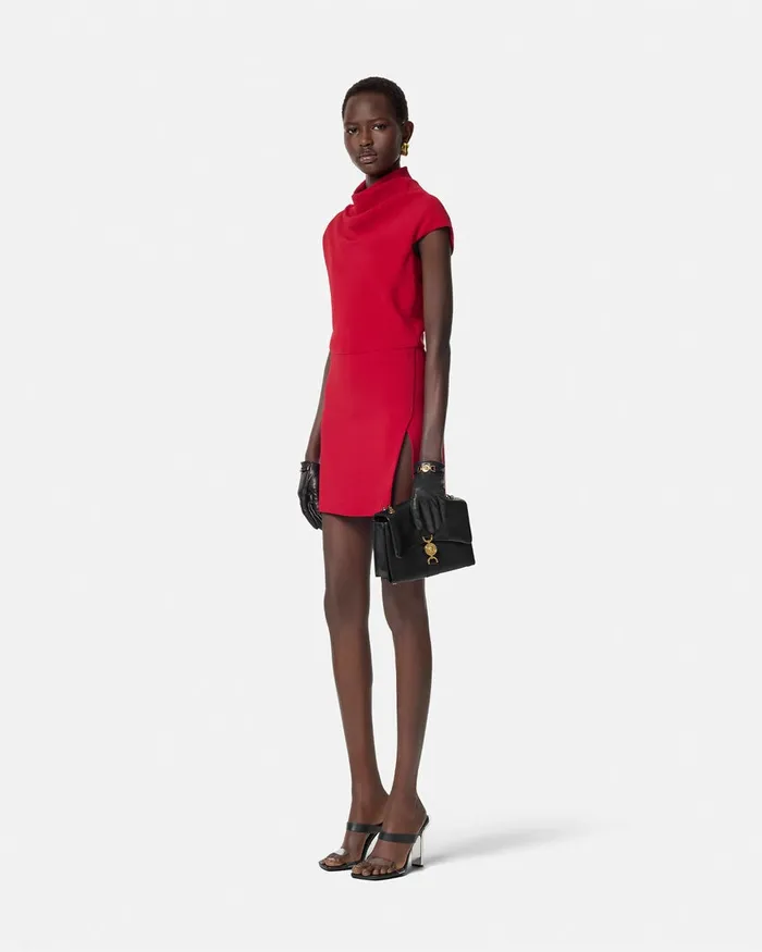 Versace Cady DrapedNeck Slit Mini Dress Red Women Dresses