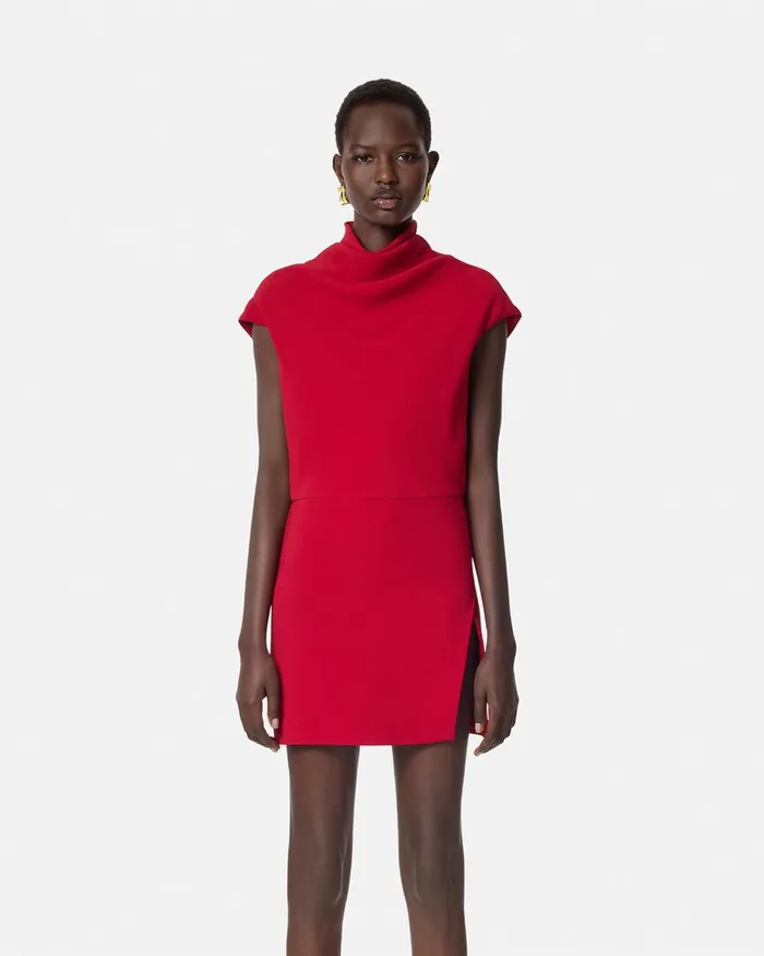 Versace Cady DrapedNeck Slit Mini Dress Red Women Dresses