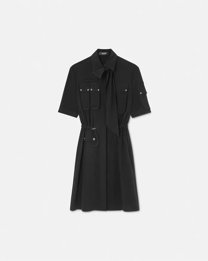 Versace Cargo Lavallire Silk Mini Shirt Dress Black Women Dresses