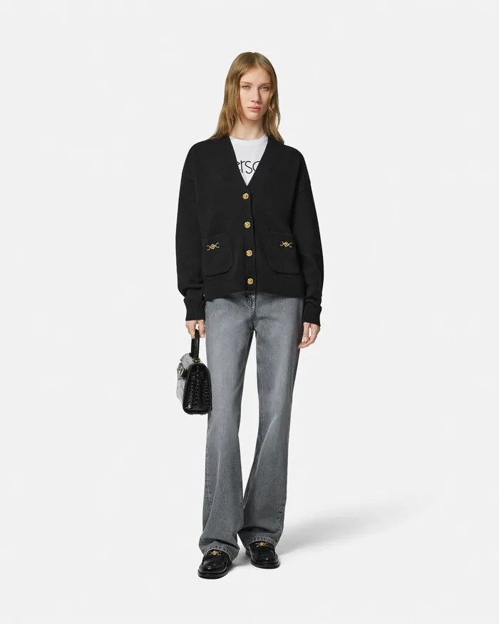 Versace CashmereBlend Knit Boxy Cardigan Black Women Knitwear