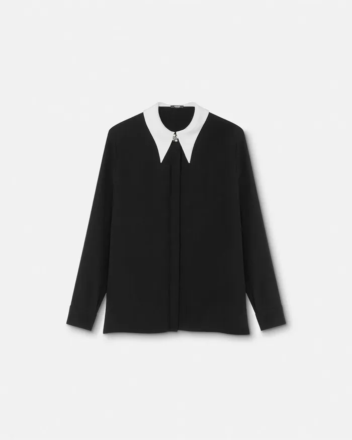Versace ContrastCollar Silk Crpe Shirt Black Women Shirts and Tops