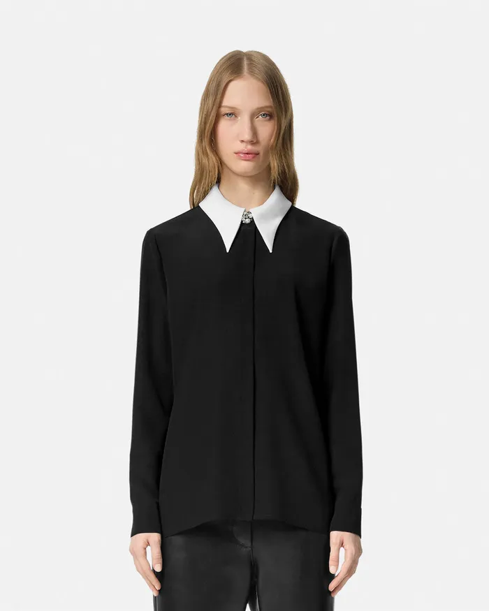 Versace ContrastCollar Silk Crpe Shirt Black Women Shirts and Tops