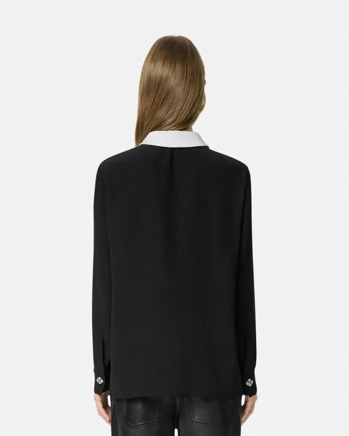 Versace ContrastCollar Silk Crpe Shirt Black Women Shirts and Tops