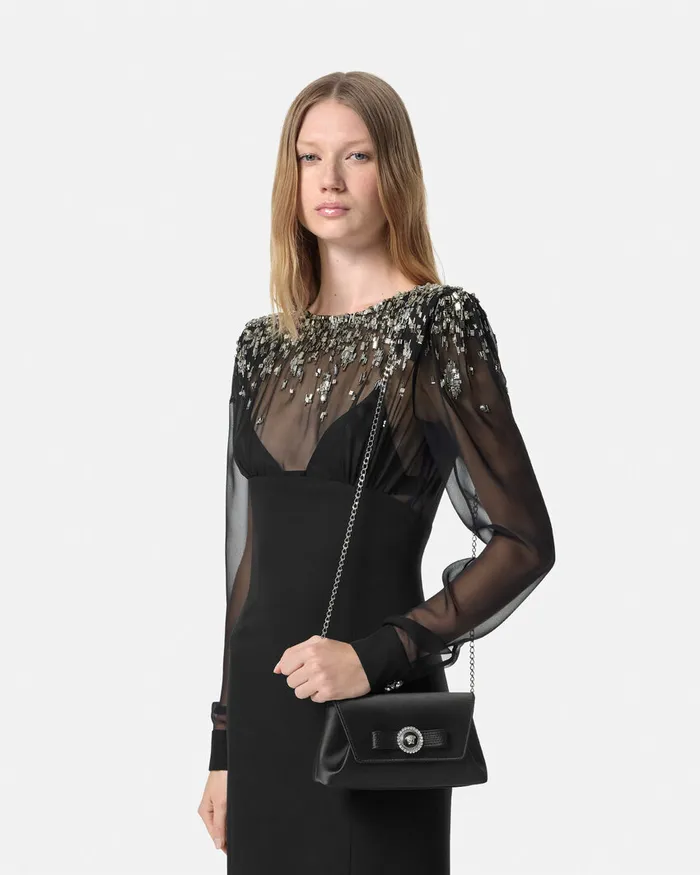 Versace Crystal Gianni Ribbon Clutch Blacksilver Women Mini Bags and Clutches