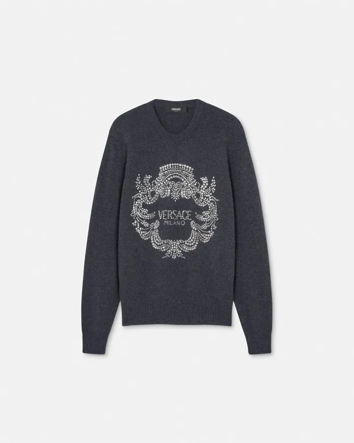 Versace Crystal Iconic Crest Cashmere Knit Sweater Gray Men Knitwear