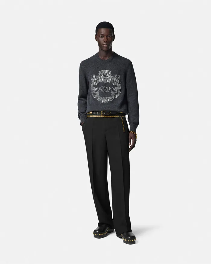 Versace Crystal Iconic Crest Cashmere Knit Sweater Gray Men Knitwear