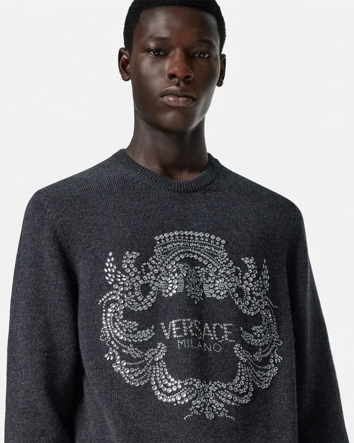 Versace Crystal Iconic Crest Cashmere Knit Sweater Gray Men Knitwear