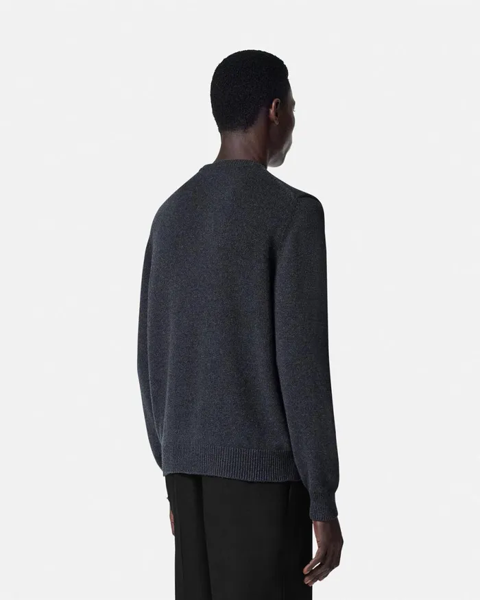Versace Crystal Iconic Crest Cashmere Knit Sweater Gray Men Knitwear