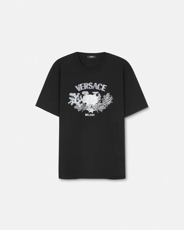 Versace Embroidered University Coral TShirt Black Men TShirts and Polos