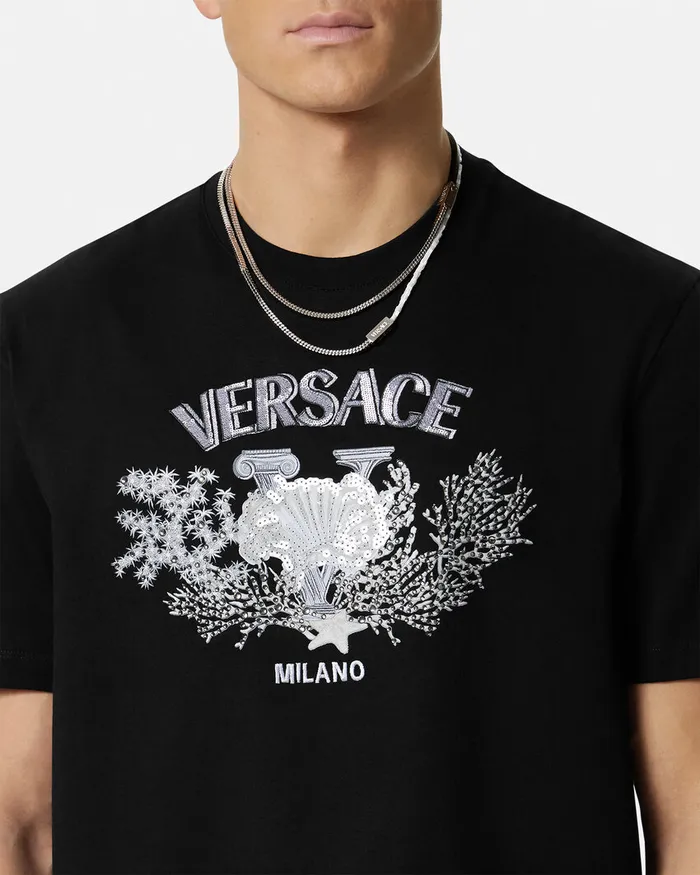 Versace Embroidered University Coral TShirt Black Men TShirts and Polos