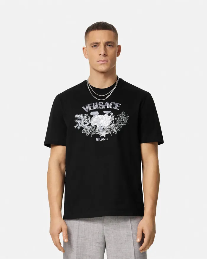 Versace Embroidered University Coral TShirt Black Men TShirts and Polos