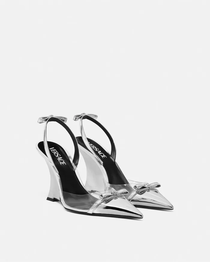 Versace Gianni Ribbon Metallic Wedge Pumps 95 Mm Silver Women Pumps and Slingbacks