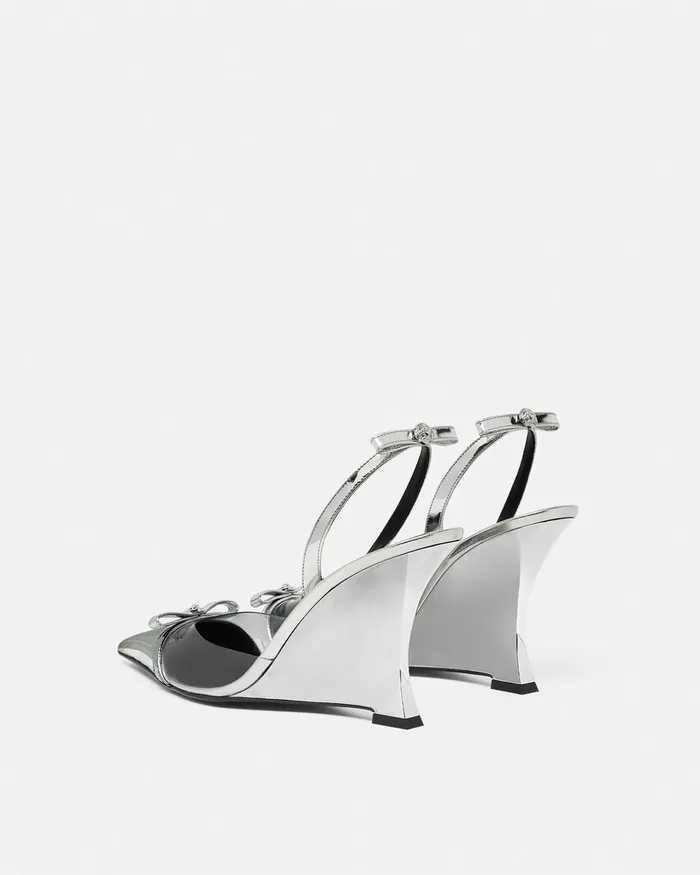 Versace Gianni Ribbon Metallic Wedge Pumps 95 Mm Silver Women Pumps and Slingbacks