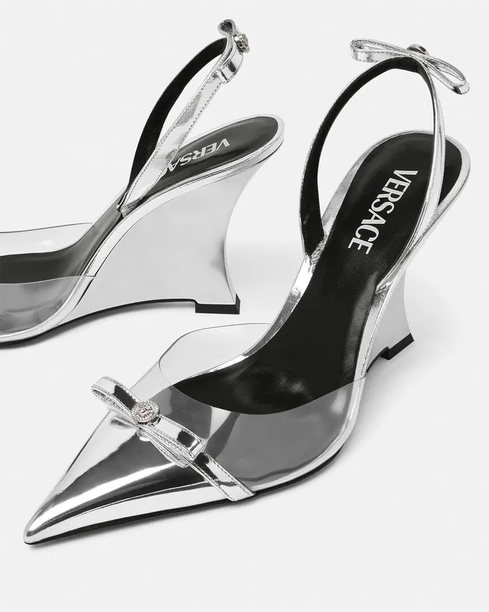 Versace Gianni Ribbon Metallic Wedge Pumps 95 Mm Silver Women Pumps and Slingbacks