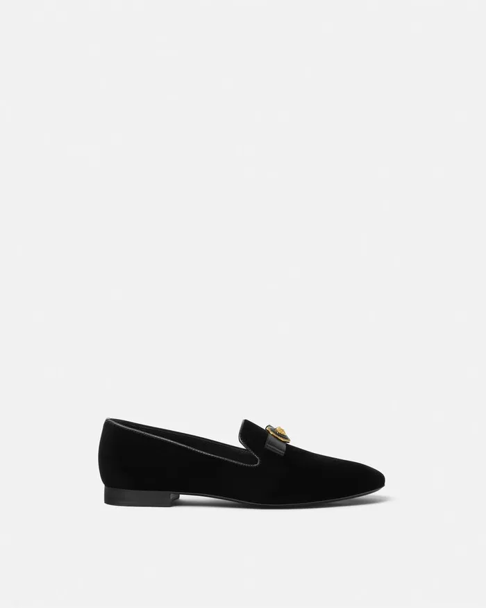 Versace Gianni Ribbon Velvet Slippers Blackgold Women Loafers and Flats