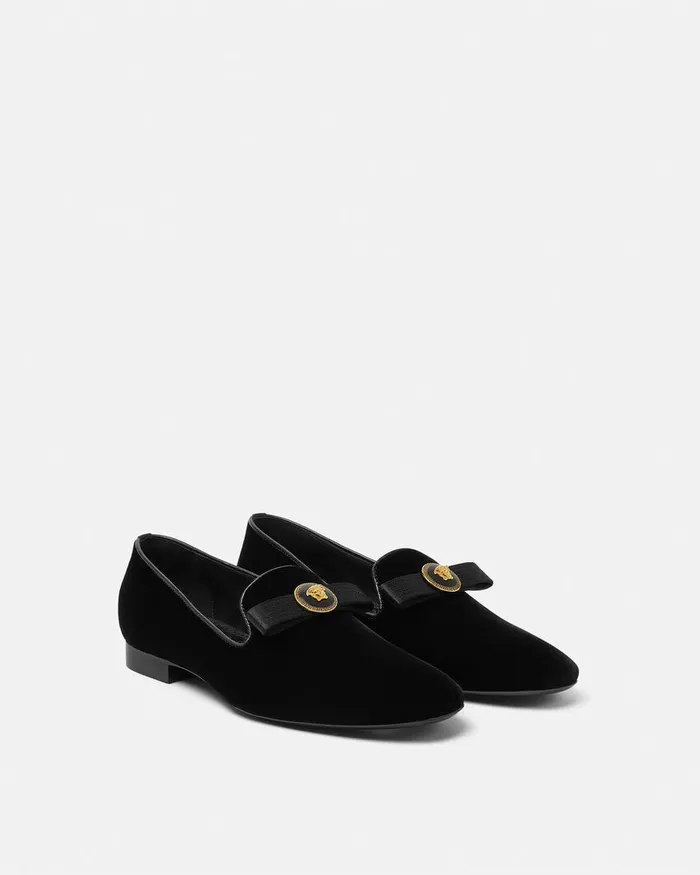 Versace Gianni Ribbon Velvet Slippers Blackgold Women Loafers and Flats