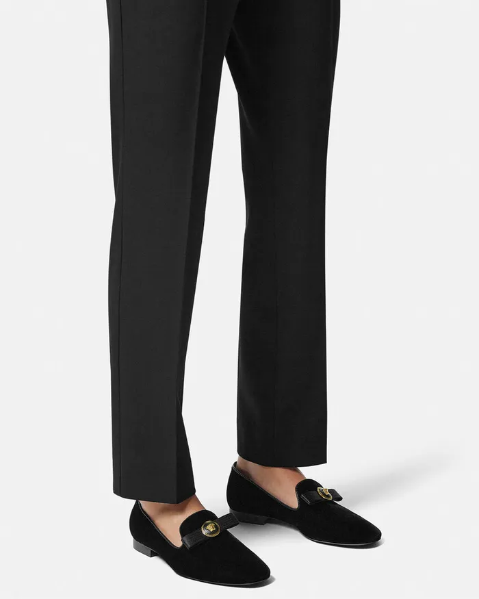 Versace Gianni Ribbon Velvet Slippers Blackgold Women Loafers and Flats