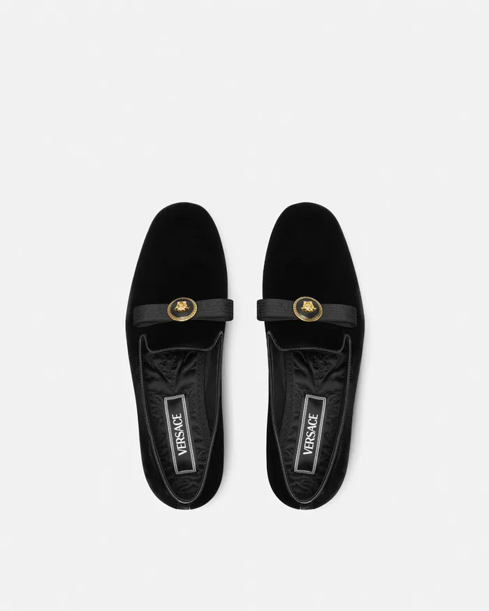 Versace Gianni Ribbon Velvet Slippers Blackgold Women Loafers and Flats