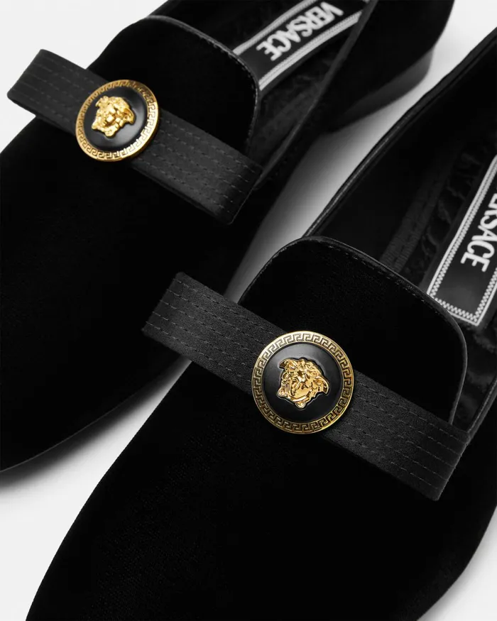 Versace Gianni Ribbon Velvet Slippers Blackgold Women Loafers and Flats