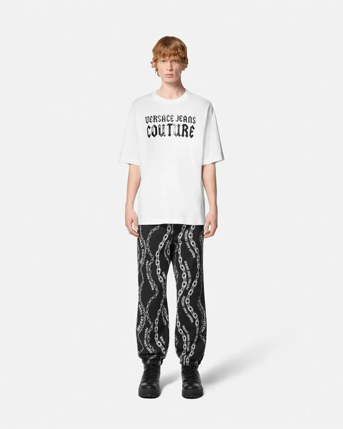 Versace Gothic Logo RelaxedFit TShirt Whiteprint Men Jeans Couture
