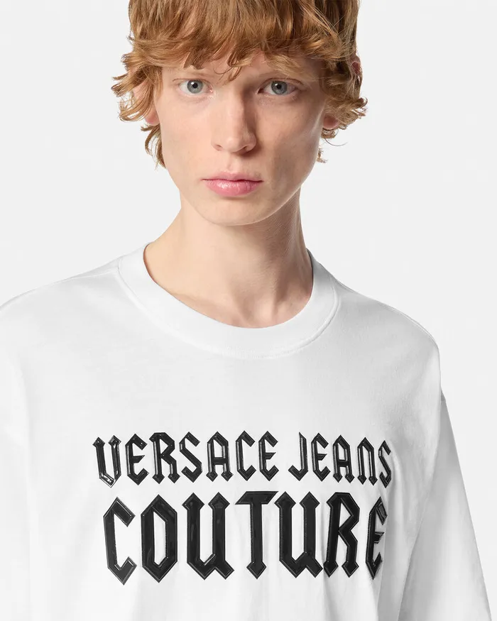 Versace Gothic Logo RelaxedFit TShirt Whiteprint Men Jeans Couture
