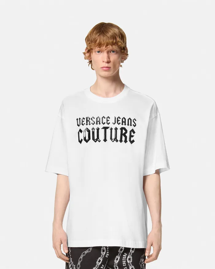 Versace Gothic Logo RelaxedFit TShirt Whiteprint Men Jeans Couture