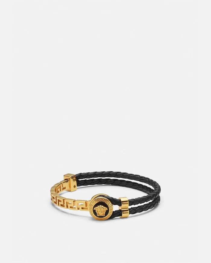 Versace Greca Braided Leather Bracelet Blackgold WomenMen Bracelets