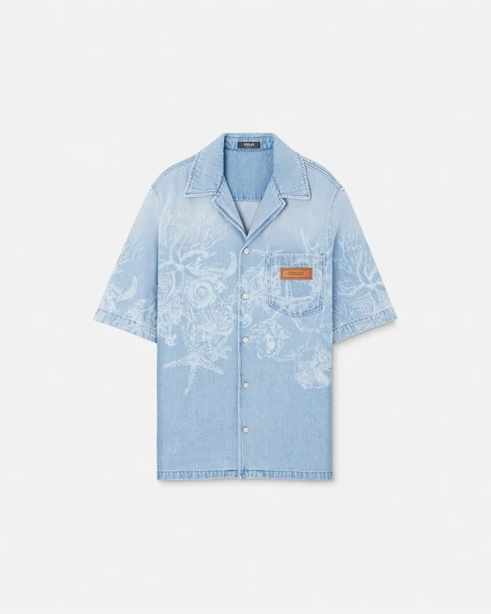 Versace Lasered Barocco Sea Denim Overshirt Blue Men Shirts