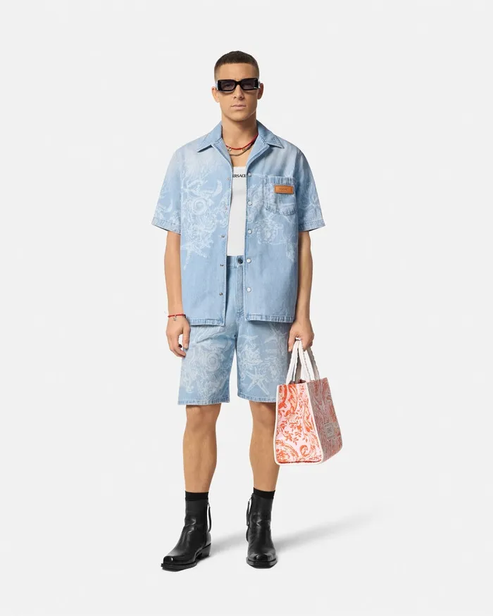 Versace Lasered Barocco Sea Denim Overshirt Blue Men Shirts