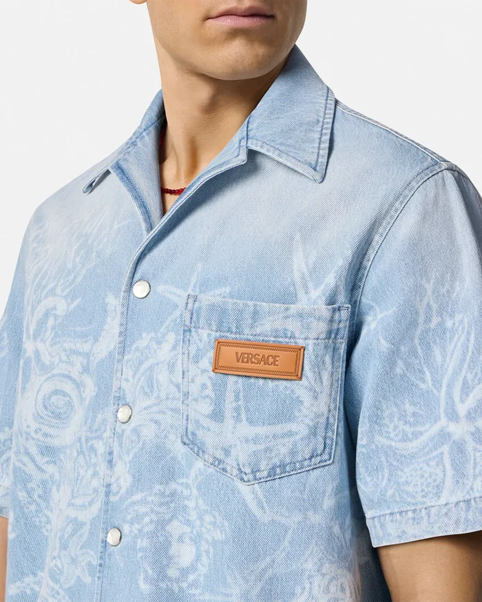 Versace Lasered Barocco Sea Denim Overshirt Blue Men Shirts