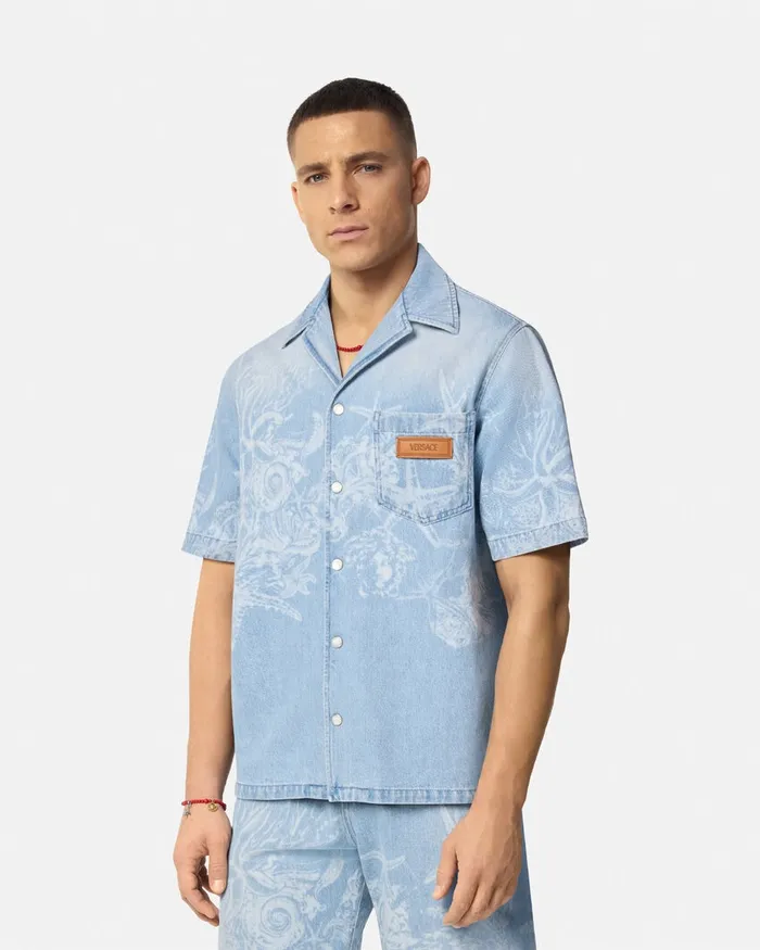 Versace Lasered Barocco Sea Denim Overshirt Blue Men Shirts