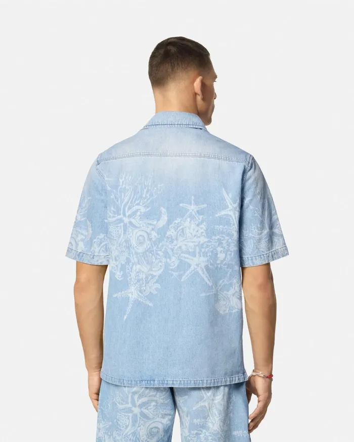 Versace Lasered Barocco Sea Denim Overshirt Blue Men Shirts