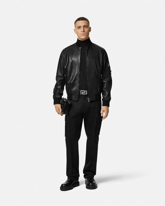 Versace Leather Bomber Jacket Black Men Jackets and Coats