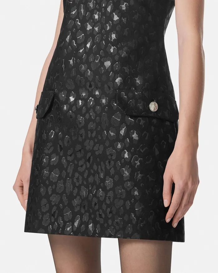 Versace Leopard Jacquard Scoop Mini Dress Black Women Dresses