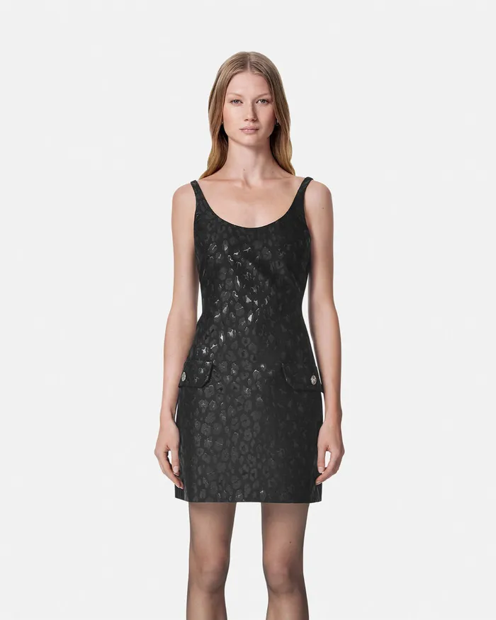 Versace Leopard Jacquard Scoop Mini Dress Black Women Dresses