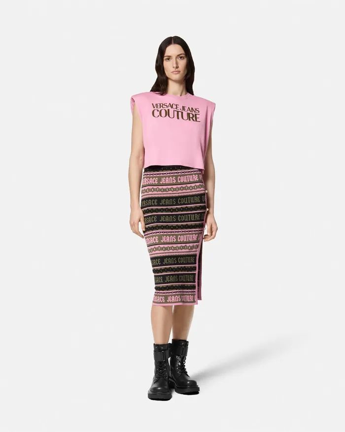 Versace Logo Crop TShirt Pink Women Jeans Couture