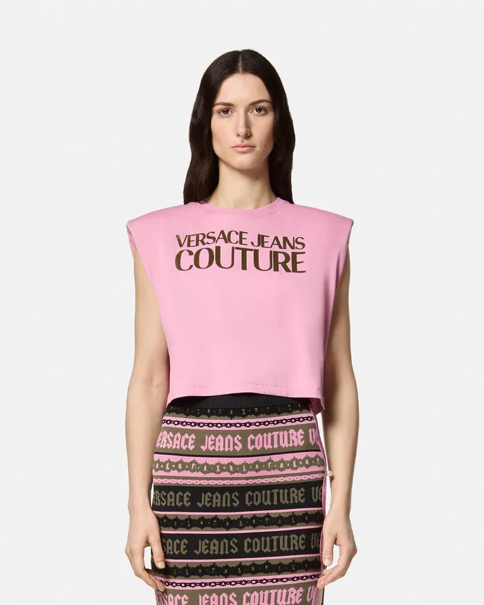 Versace Logo Crop TShirt Pink Women Jeans Couture
