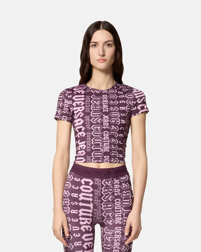 Versace Logomania Crop TShirt Purple Women Jeans Couture