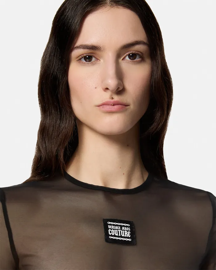 Versace Mesh Crop TShirt Blackprint Women Jeans Couture
