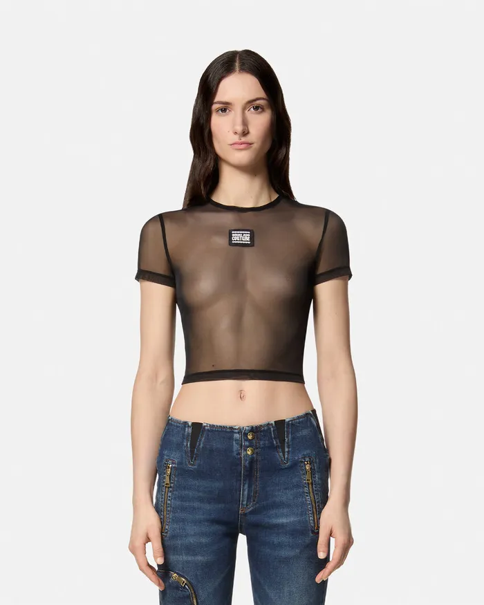 Versace Mesh Crop TShirt Blackprint Women Jeans Couture