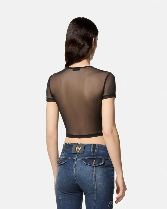 Versace Mesh Crop TShirt Blackprint Women Jeans Couture