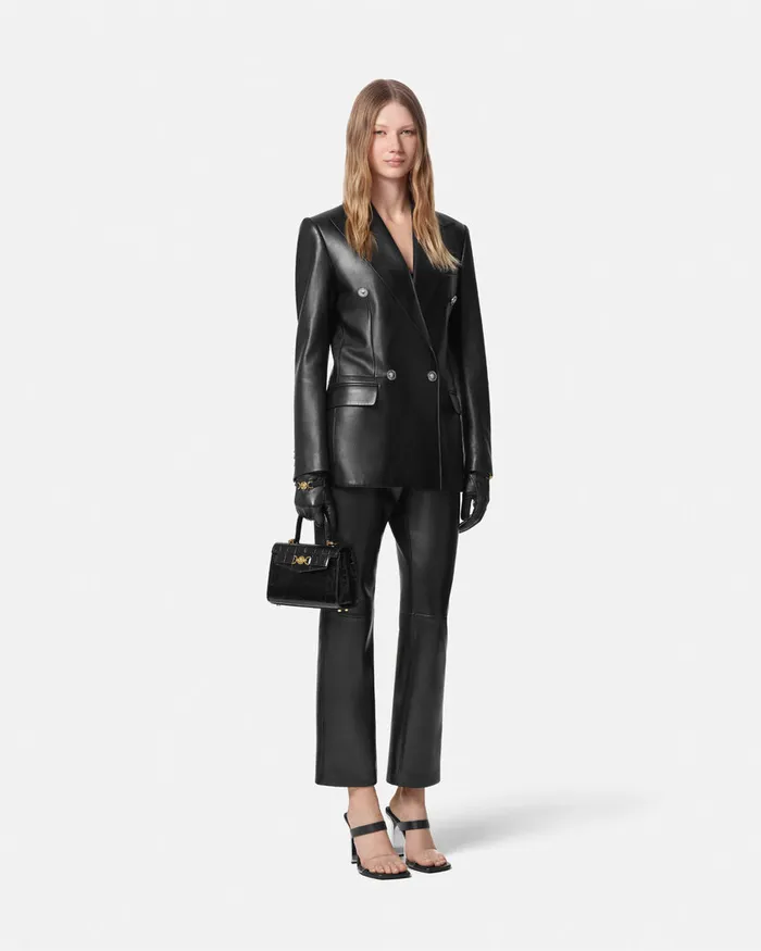 Versace Plong Leather Crop StraightFit Pants Black Women Pants and Shorts
