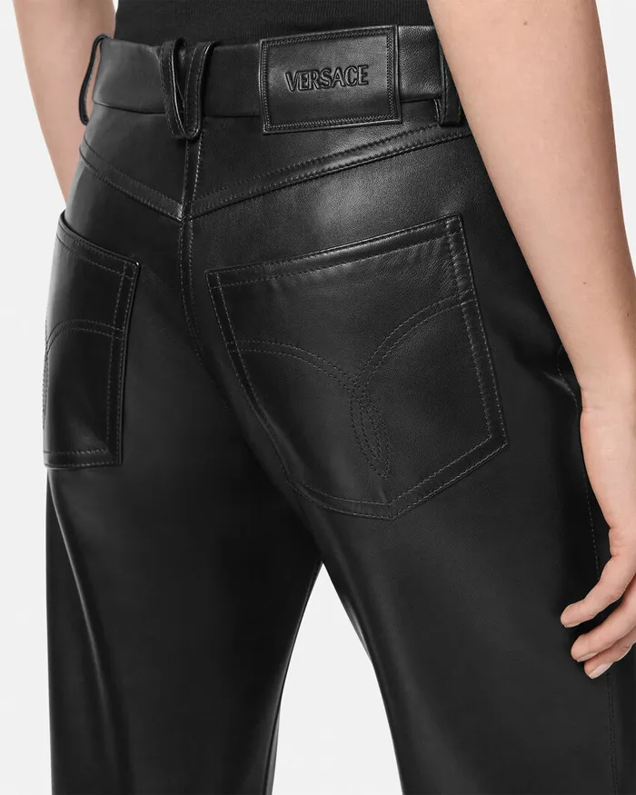 Versace Plong Leather Crop StraightFit Pants Black Women Pants and Shorts
