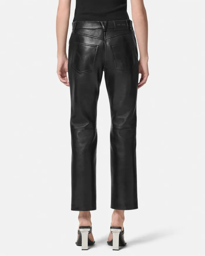 Versace Plong Leather Crop StraightFit Pants Black Women Pants and Shorts