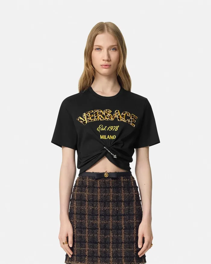 Versace Wild Stamp Safety Pin Crop TShirt Blackprint Women TShirts and Sweatshirts